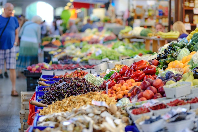 Produce market with assorted vegetables
